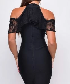 Emprada Little Black Dresses Evenia Black Mock Neck Lace Ruffle Open Shoulder Bandage Midi Dress