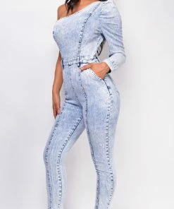 Emprada Yonela Blue Light Acid Wash One Shoulder Denim Jumpsuit
