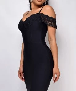 Emprada Dresses Novella Black Crochet Lace Off Shoulder Bandage Dress