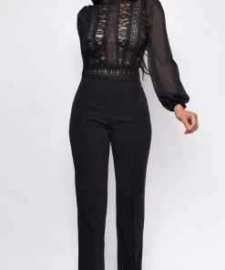 Emprada Nerine Black Crochet Lace Mesh Jumpsuit Jumpsuits & Rompers