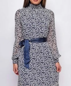 Emprada Sensation White Navy Floral Mock Neck Waist Tie Mini Dress