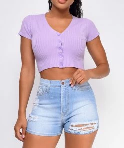 Emprada Stormi Lavender Purple Ribbed Button Front Crop Top