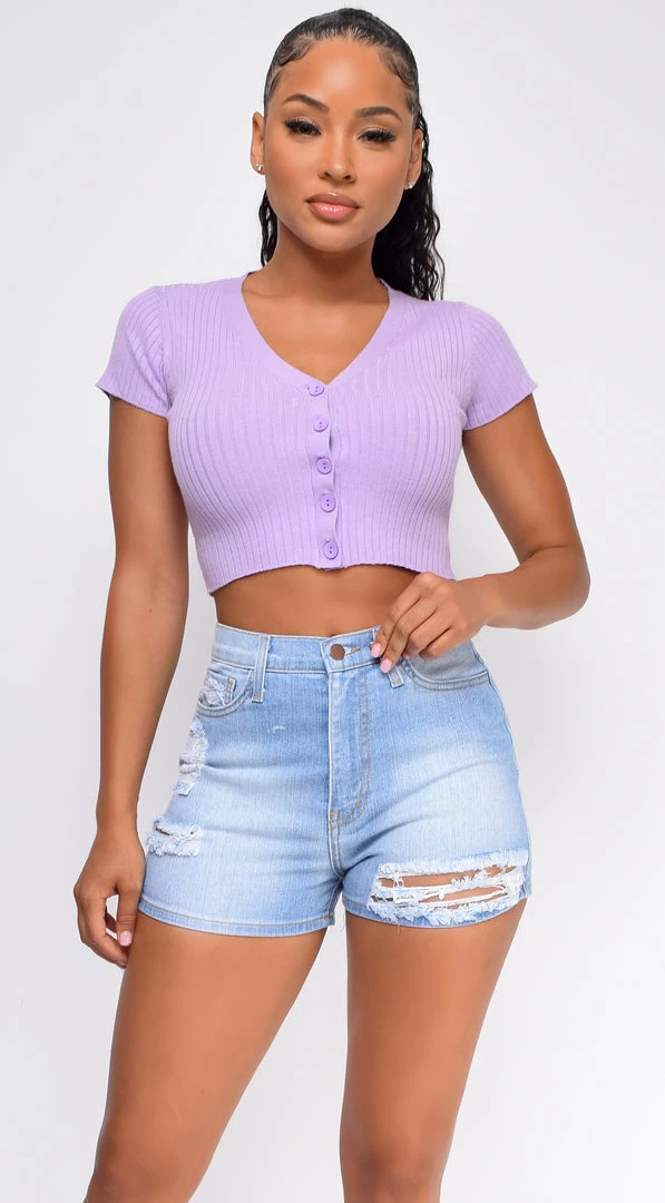 Emprada Stormi Lavender Purple Ribbed Button Front Crop Top 1 Emprada Stormi Lavender Purple Ribbed Button Front Crop Top