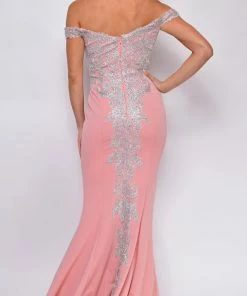 Emprada Ensley Pink Off Shoulder Silver Lace Detail Gown