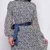 Emprada Sensation White Navy Floral Mock Neck Waist Tie Mini Dress