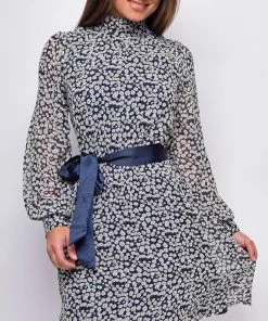 Emprada Sensation White Navy Floral Mock Neck Waist Tie Mini Dress