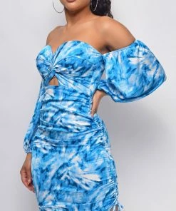 Emprada Dresses Roya Blue Floral Print Off Shoulder Dress