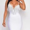 Emprada Dresses Zandra White Plunge Deep V Neck Crystal Bandage Dress