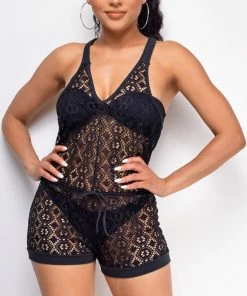 Emprada Free Spirit Black Crochet Lace Romper Cover Up
