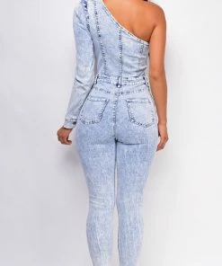 Emprada Yonela Blue Light Acid Wash One Shoulder Denim Jumpsuit
