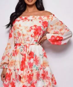 Emprada Elm White Orange Floral Off Shoulder Dress Dresses