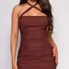 Emprada Nanoushka Brown Halter Mesh Ruched Mini Dress