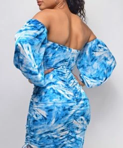 Emprada Dresses Roya Blue Floral Print Off Shoulder Dress