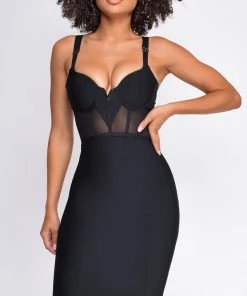 Emprada Casella Black V Neck Bustier Mesh Bandage Dress Dresses