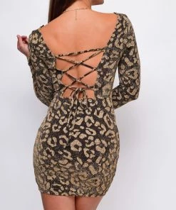 Emprada Ellery Gold Metallic Leopard Print Back Lace Up Mini Dress Dresses