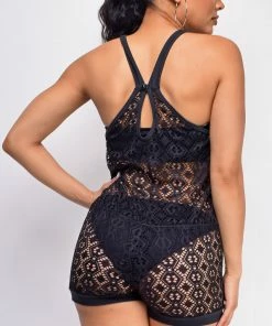 Emprada Free Spirit Black Crochet Lace Romper Cover Up