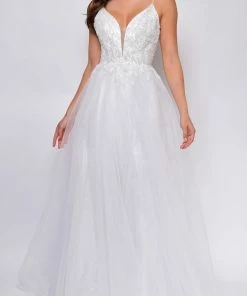 Emprada Brighton Off-White A-Line Layered Tulle Beaded Applique Bridal Gown Dresses