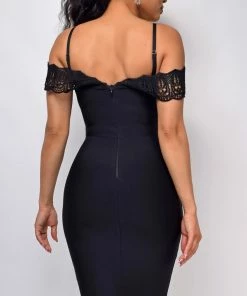 Emprada Dresses Novella Black Crochet Lace Off Shoulder Bandage Dress
