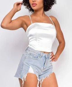Emprada Tops Aleena White Satin Criss Cross Crop Top 5 Emprada Tops Aleena White Satin Criss Cross Crop Top