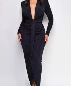 Emprada Dresses Celeste Black V Plunge Drape Dress