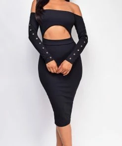 Emprada Dresses Avoca Black Ribbed Off Shoulder Midi Dress