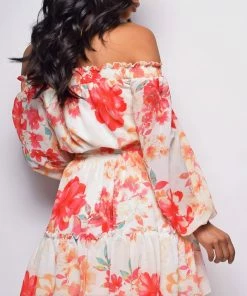 Emprada Elm White Orange Floral Off Shoulder Dress Dresses