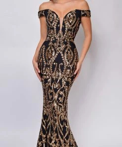 Emprada Rayna Black Gold Off Shoulder Gown