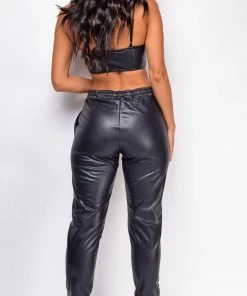 Emprada Sets Yiva Black PU Leather Jogger Set 6 Emprada Sets Yiva Black PU Leather Jogger Set