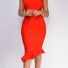 Emprada Luna Red Asymmetric Ruffle Bottom Bandage Dress