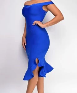 Emprada Harmoni Royal Blue Off Shoulder Bandage Midi Dress Dresses