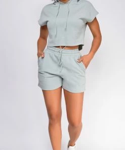Emprada Chenille Sage Green Crop Hoodie And Short Set Loungewear