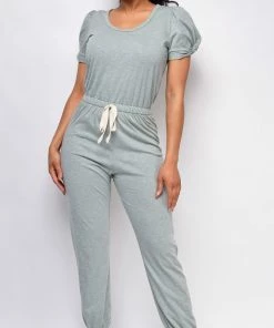 Emprada Willa Sage Green Puff Sleeve Jumpsuit Loungewear