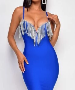 Emprada Zandra Blue Plunge Deep V Neck Crystal Bandage Dress Dresses
