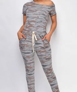 Emprada Lana Grey Brown Camo Off Shoulder Jumpsuit Loungewear
