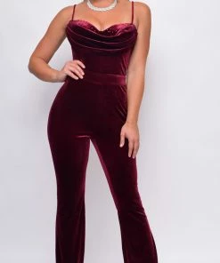 Emprada Lakisha Burgundy Red Crystal Detail Velvet Jumpsuit Velvet Dresses