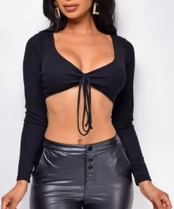 Emprada Tops Lindy Black Long Sleeve Front Twist Crop Top 10 Emprada Tops Lindy Black Long Sleeve Front Twist Crop Top