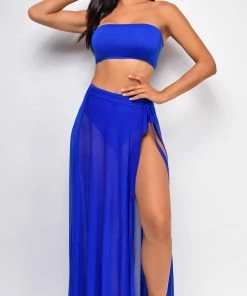 Emprada Skyros Royal Blue Mesh Maxi Wrap Cover-up Skirt Formal Dresses