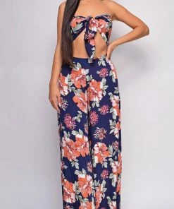 Emprada Maira Blue Coral Floral Front Tie Crop Top & Pants Set