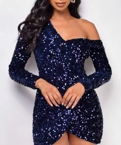 Emprada Dresses Alessia Navy Blue Off Shoulder Sequin Dress
