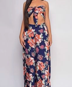 Emprada Maira Blue Coral Floral Front Tie Crop Top & Pants Set