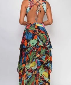 Emprada Kylie Black Tropical Print Belted Slit Maxi Dress 5 Emprada Kylie Black Tropical Print Belted Slit Maxi Dress