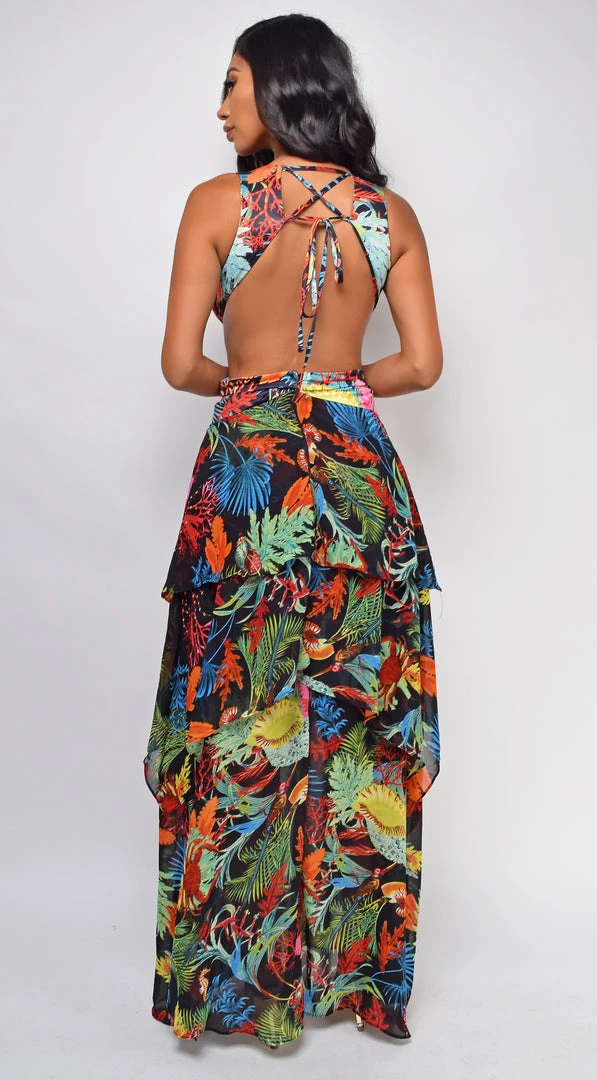 Emprada Kylie Black Tropical Print Belted Slit Maxi Dress 3 Emprada Kylie Black Tropical Print Belted Slit Maxi Dress