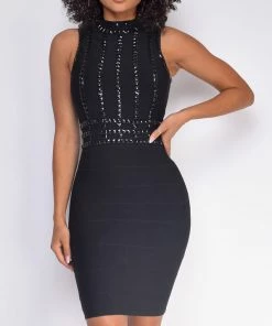 Emprada Kalisa Black Mock Neck Studded Bandage Dress