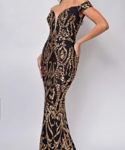 Emprada Rayna Black Gold Off Shoulder Gown