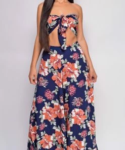 Emprada Maira Blue Coral Floral Front Tie Crop Top & Pants Set 8 Emprada Maira Blue Coral Floral Front Tie Crop Top & Pants Set