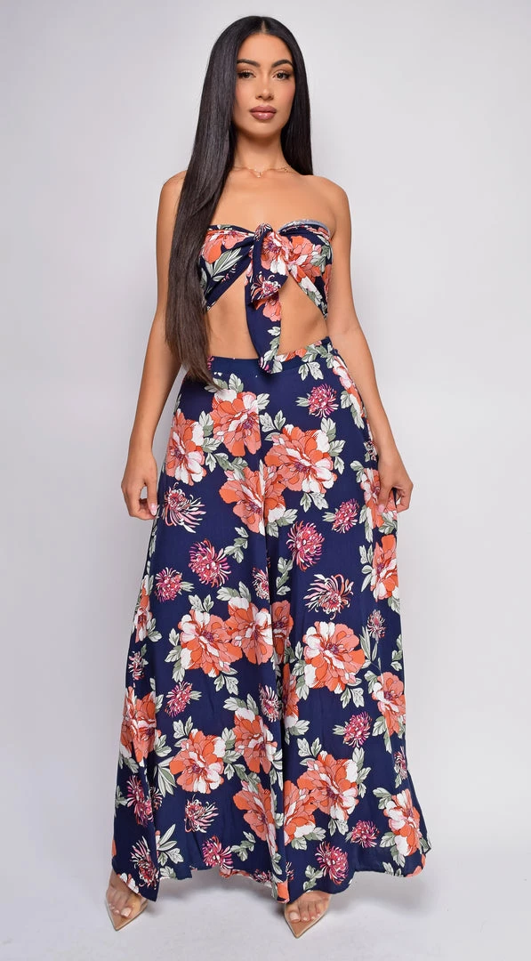 Emprada Maira Blue Coral Floral Front Tie Crop Top & Pants Set 4 Emprada Maira Blue Coral Floral Front Tie Crop Top & Pants Set