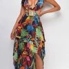 Emprada Kylie Black Tropical Print Belted Slit Maxi Dress
