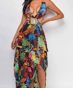 Emprada Kylie Black Tropical Print Belted Slit Maxi Dress