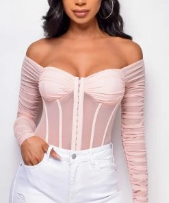 Emprada Tops Vieve Pink Mesh Corset Bodysuit