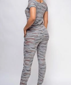 Emprada Lana Grey Brown Camo Off Shoulder Jumpsuit Loungewear